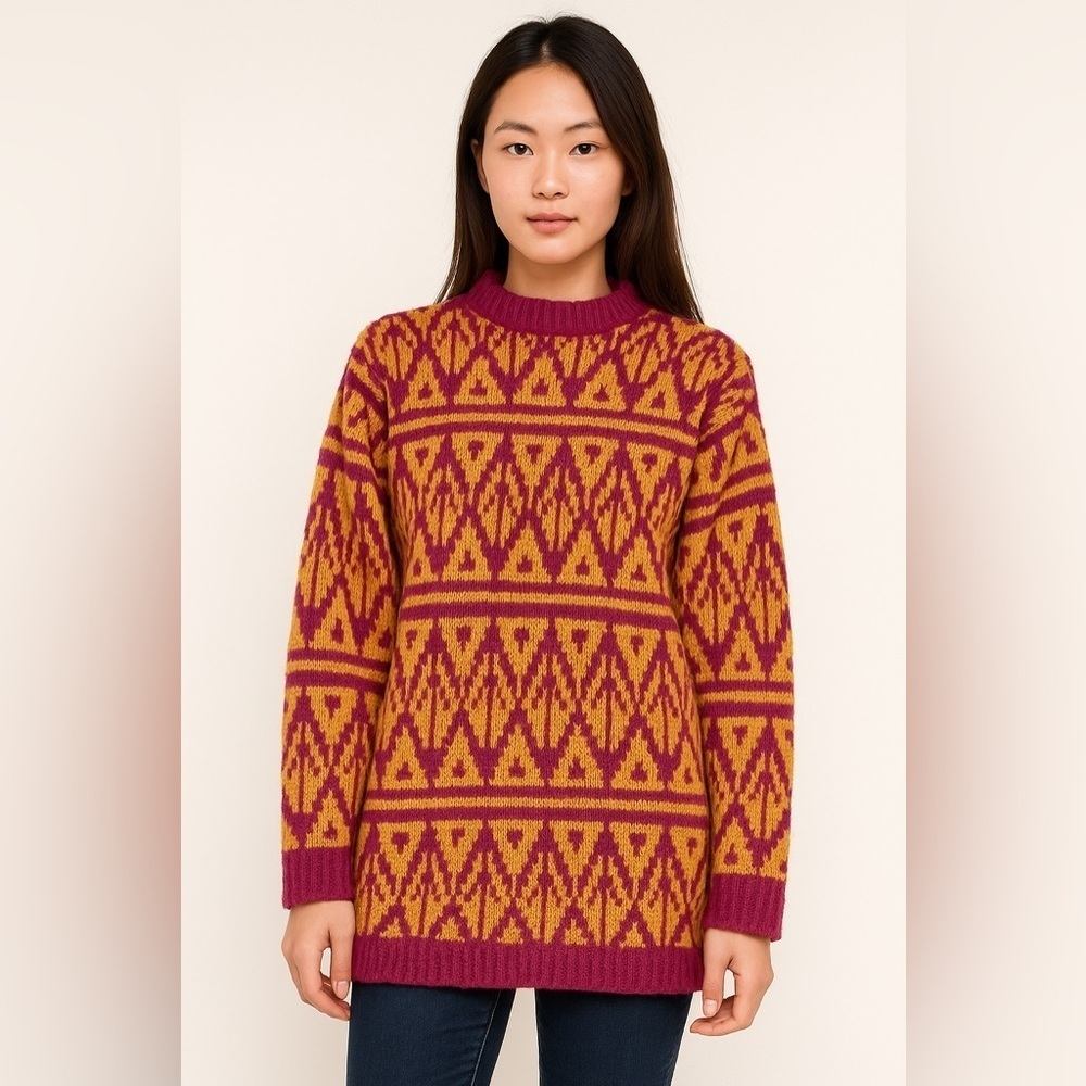Vintage wool Geometric Knit Sweater gold and magenta - Picture 2 of 4